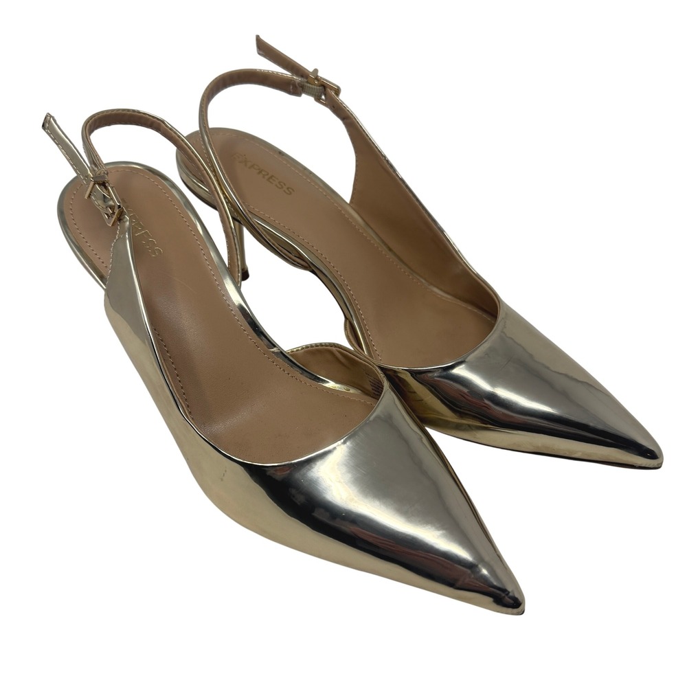 Express Slingback Heels Womens 8 Gold Good Metallic Pointed Toe Kitten Pump